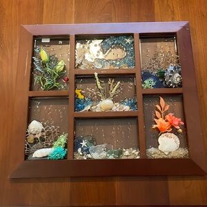 3-D HANDMADE MULTIPLE WINDOW OCEAN SCENES SET IN RESIN ON GLASS.  WOODEN FRAME.